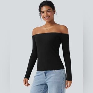 NWT Halara Ribbed Knit Off Shoulder Long Sleeve 2-in-1 Casual Top XL Black
